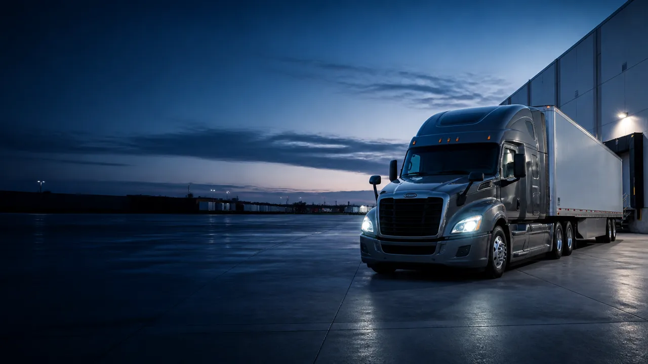 Trucking company tractor trailer at a distribution center