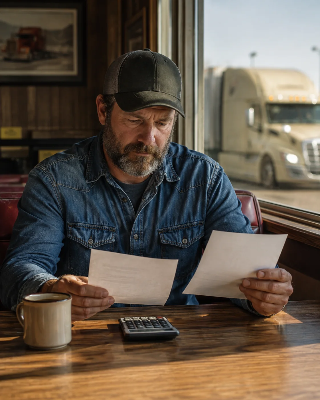 A driver reviewing job-offer notes at a truck-stop diner