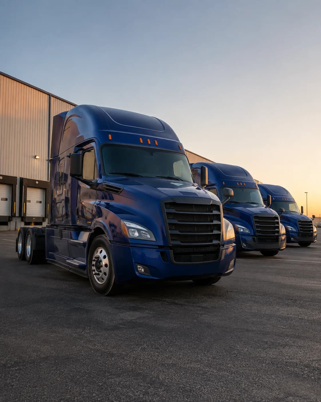A fleet of ready-to-run tractors lined up at a sunlit freight terminal