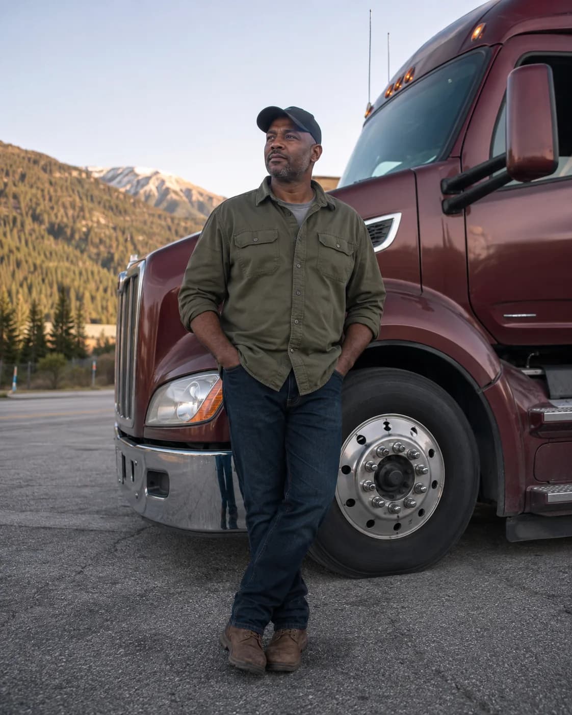 An experienced driver beside a burgundy semi truck at a mountain rest stop