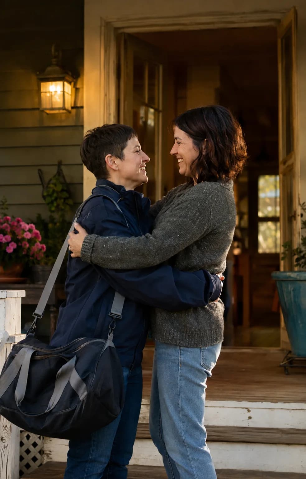 A driver returning home and greeting her partner on a sunlit porch