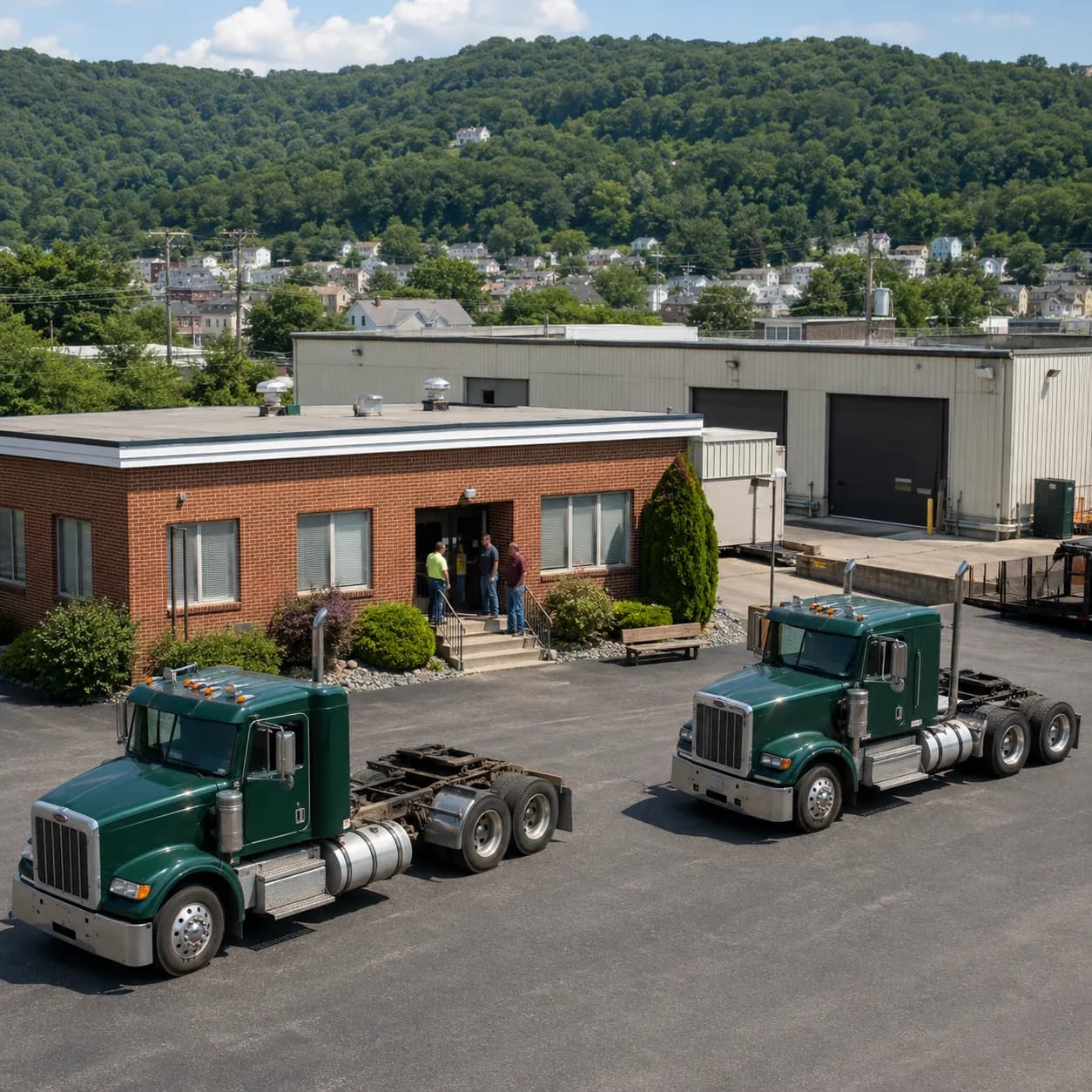 A small regional carrier’s brick office and green trucks in a local freight yard