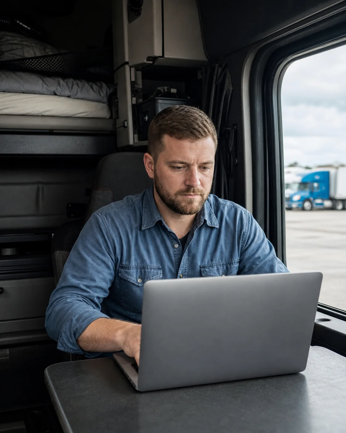 A driver updating a profile on a laptop inside a parked truck cab