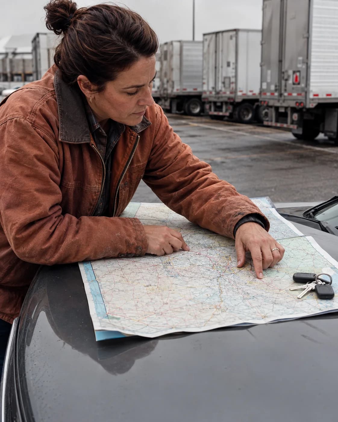A driver considering route options on a paper road map at a freight terminal