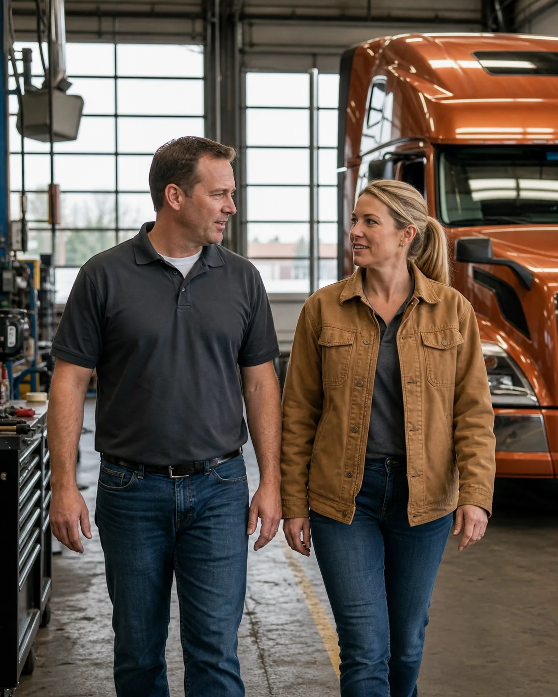 A fleet manager showing a driver the equipment in a clean maintenance bay