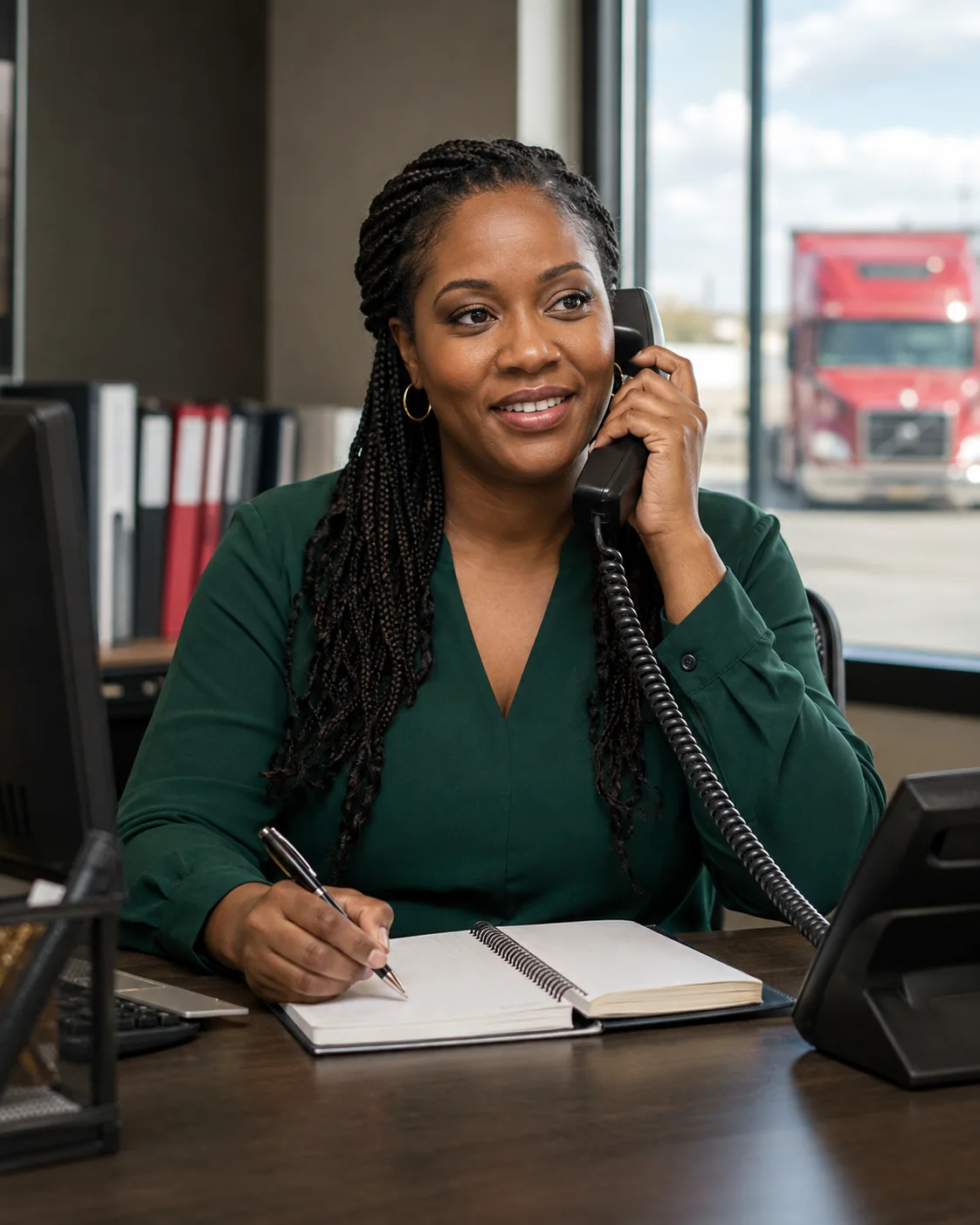 A recruiter continuing a driver conversation by phone at the dispatch office