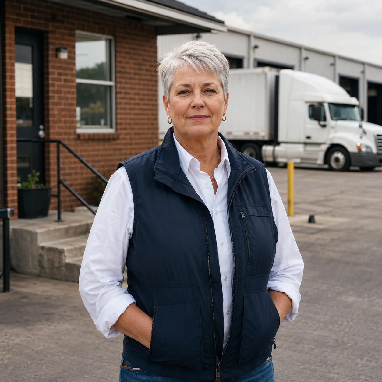 A trucking-company owner standing outside her working freight terminal