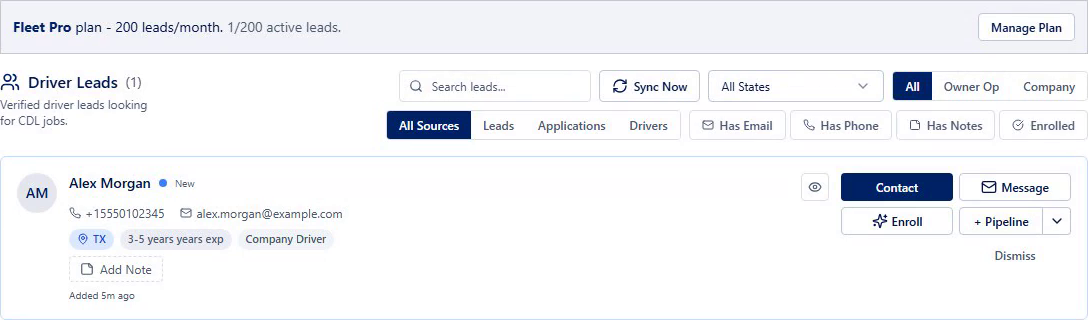 Actual CDL Jobs Center driver leads dashboard with fictional test data