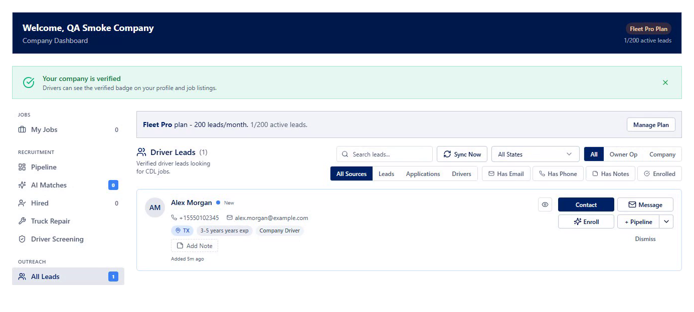 Driver leads dashboard detail with fictional test data