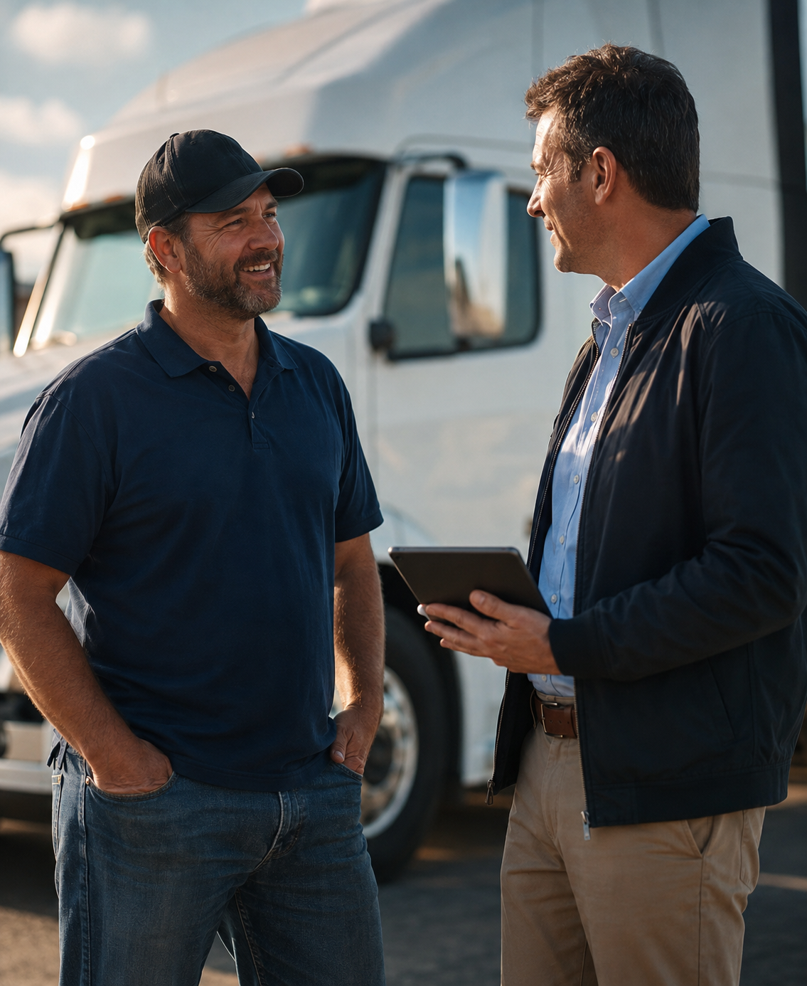 A driver and recruiter talking beside a truck