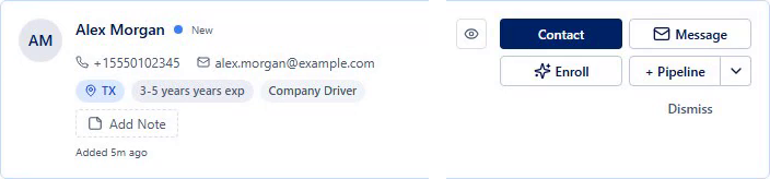 Sample driver Alex Morgan, showing contact details, experience, notes, and recruiting actions in the real dashboard