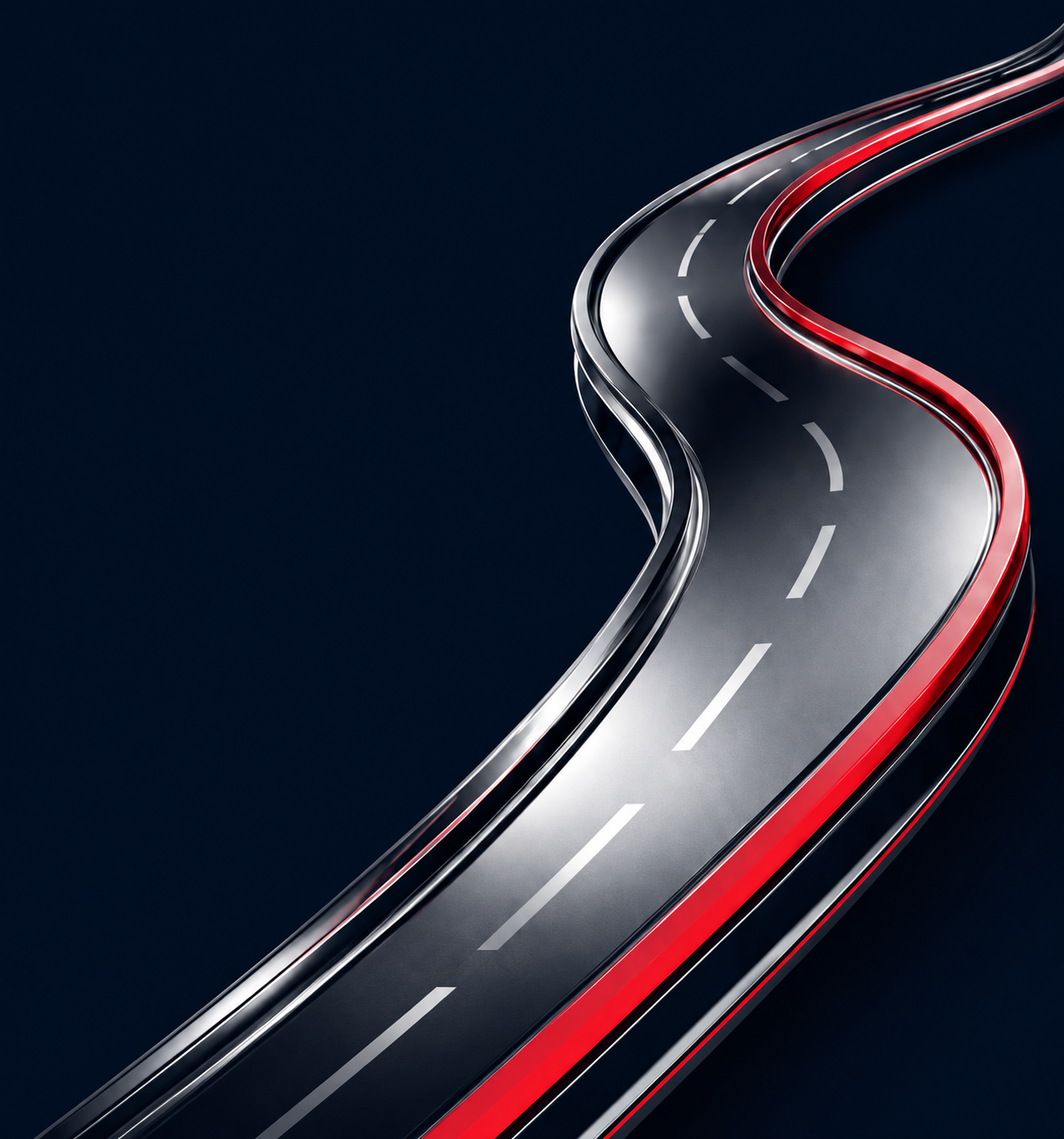 A sculptural road with polished metallic edges and a red accent