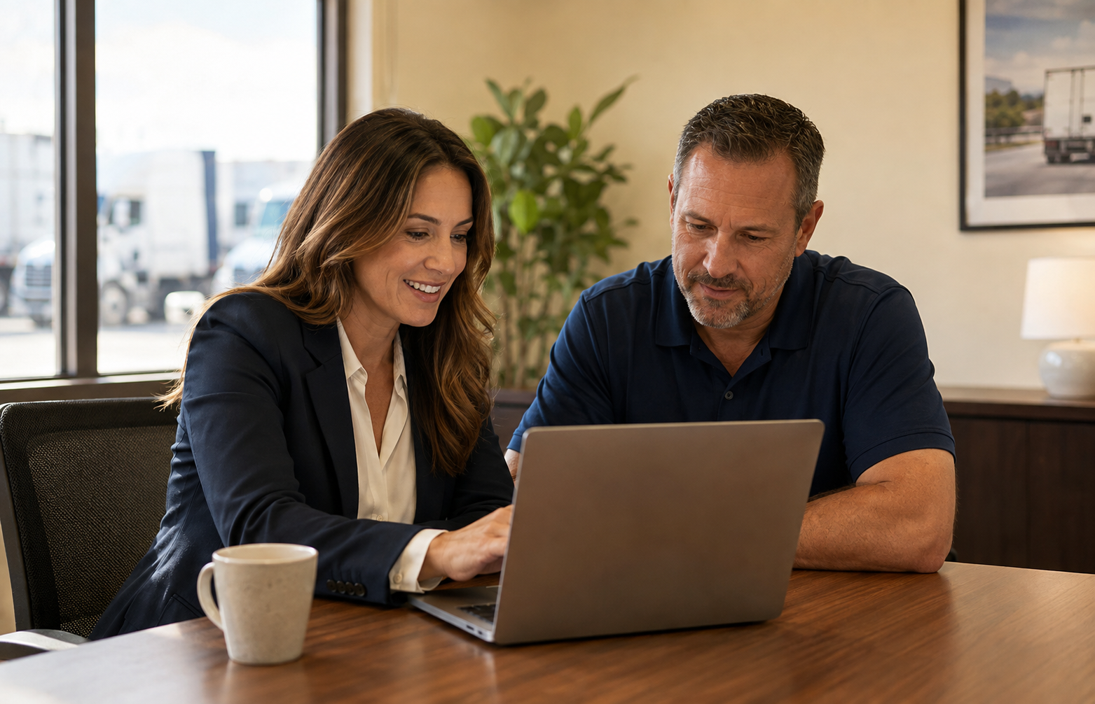 Two recruiters reviewing a laptop together in a welcoming office
